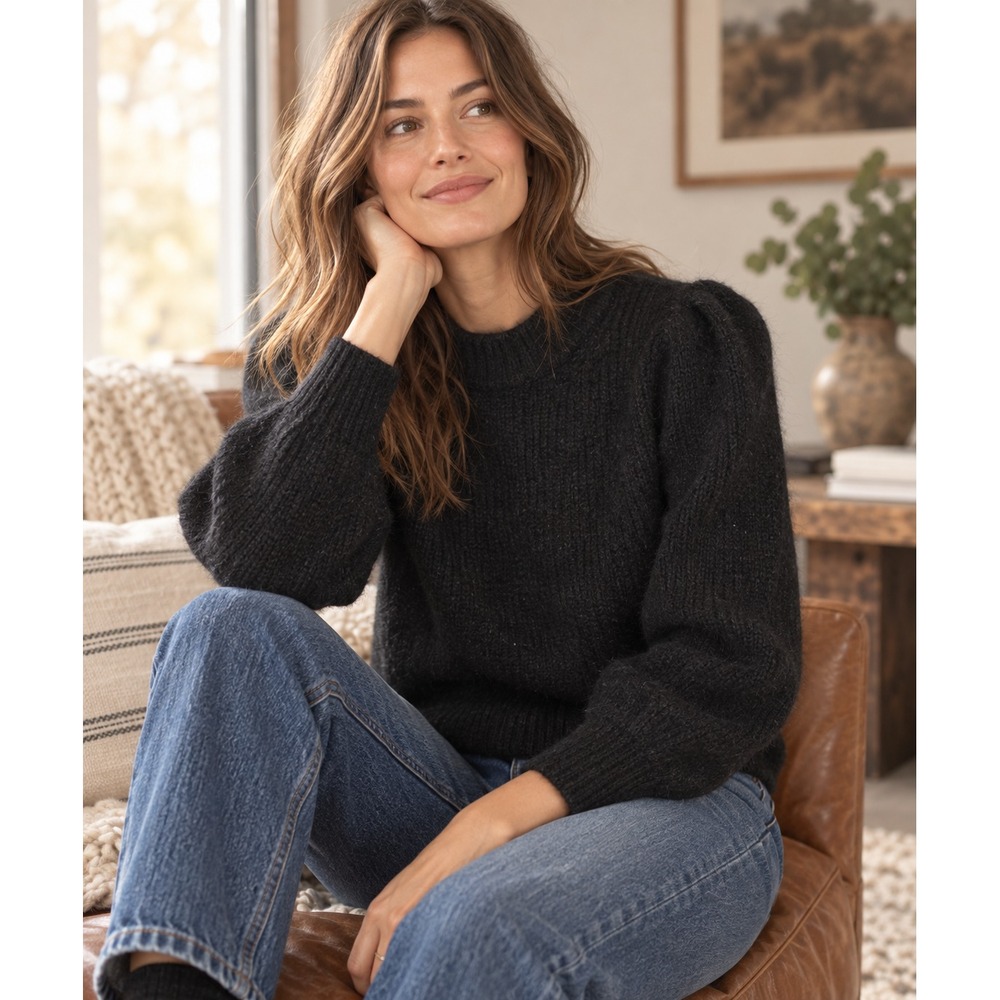 Madewell Eaton Puff Sleeve Pullover Sweater Cozy Fuzzy Stretch Black Medium Chic - Picture 12 of 12
